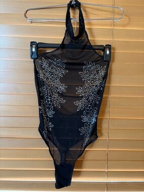 Eirece NWT Sexy Black Mesh Top with Rhinestones, adjustable back strap, halter.
